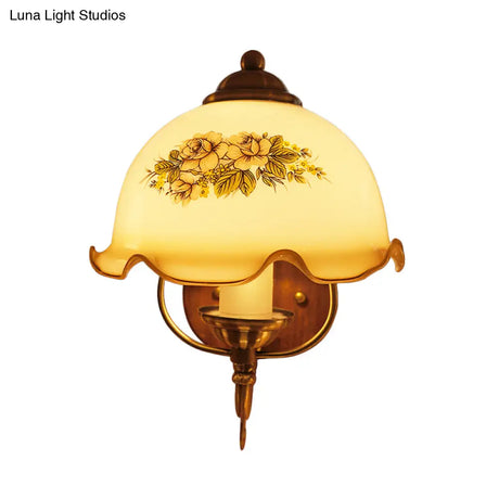 Ruffle-Trim Dome Tan Glass Wall Lamp With Studio Sconce Light In Wood - Single Bulb