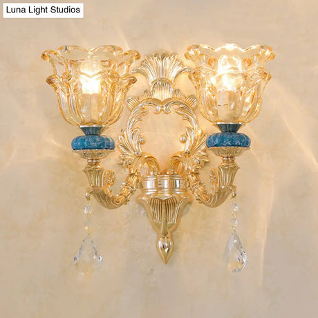 Ruffled Edge Gold Pendant Light With Crystal Draping - Retro Handblown Glass Chandelier For Living