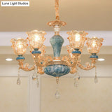Ruffled Edge Gold Pendant Light With Crystal Draping - Retro Handblown Glass Chandelier For Living