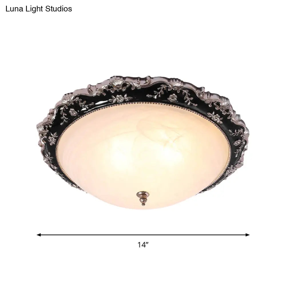 Rural Black Domed Flush Mount Lamp With Frosted Glass Ceiling And Leave/Flower Deco 3 - Light