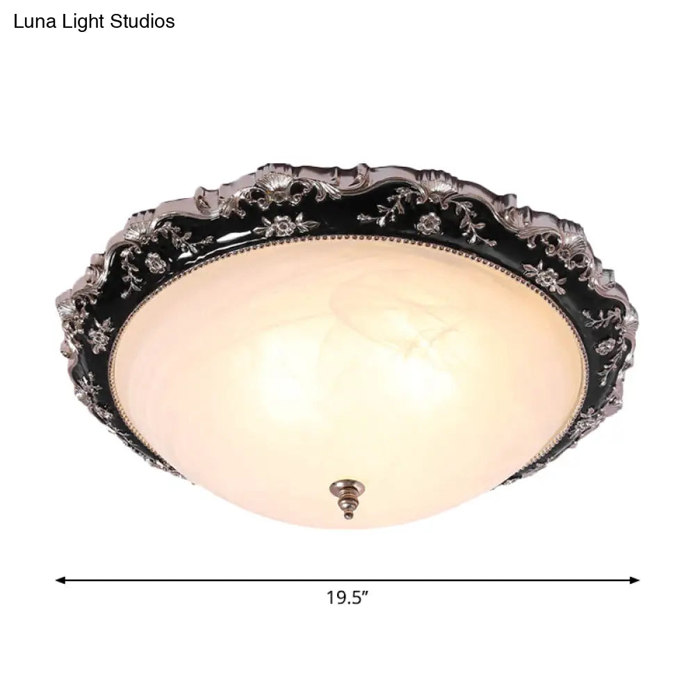 Rural Black Domed Flush Mount Lamp With Frosted Glass Ceiling And Leave/Flower Deco 3 - Light