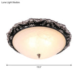 Rural Black Domed Flush Mount Lamp With Frosted Glass Ceiling And Leave/Flower Deco 3 - Light