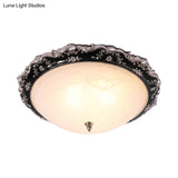 Rural Black Domed Flush Mount Lamp With Frosted Glass Ceiling And Leave/Flower Deco 3 - Light