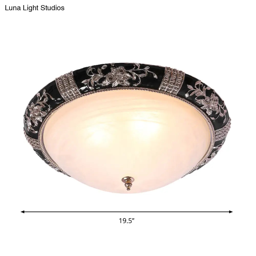 Rural Black Domed Flush Mount Lamp With Frosted Glass Ceiling And Leave/Flower Deco 3 - Light