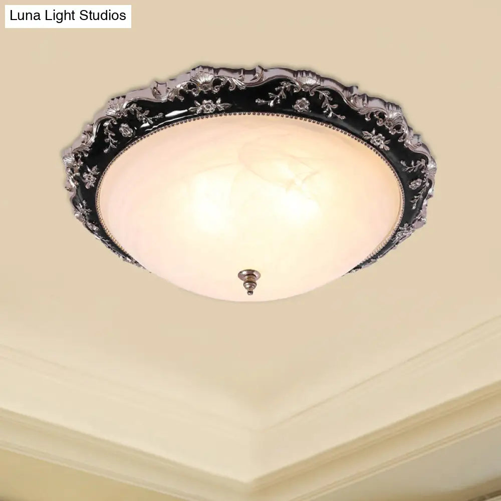 Rural Black Domed Flush Mount Lamp With Frosted Glass Ceiling And Leave/Flower Deco 3 - Light