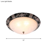 Rural Black Domed Flush Mount Lamp With Frosted Glass Ceiling And Leave/Flower Deco 3 - Light