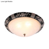 Rural Black Domed Flush Mount Lamp With Frosted Glass Ceiling And Leave/Flower Deco 3 - Light