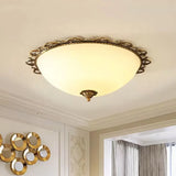 Rural Brass Flush Mount Ceiling Lamp With Frosted White Glass - 3/5 Bulbs Half - Globe Design 5 /