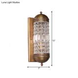Rural Crystal Cylinder Wall Sconce In Brass - 1-Light Indoor Fixture