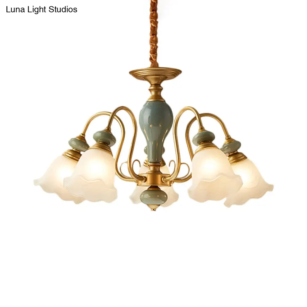 Rural Frosted Glass Green Flower Pendant Light With 3/5/6 Bulbs - Chandelier For Guest Rooms
