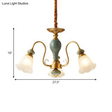 Rural Frosted Glass Green Flower Pendant Light With 3/5/6 Bulbs - Chandelier For Guest Rooms
