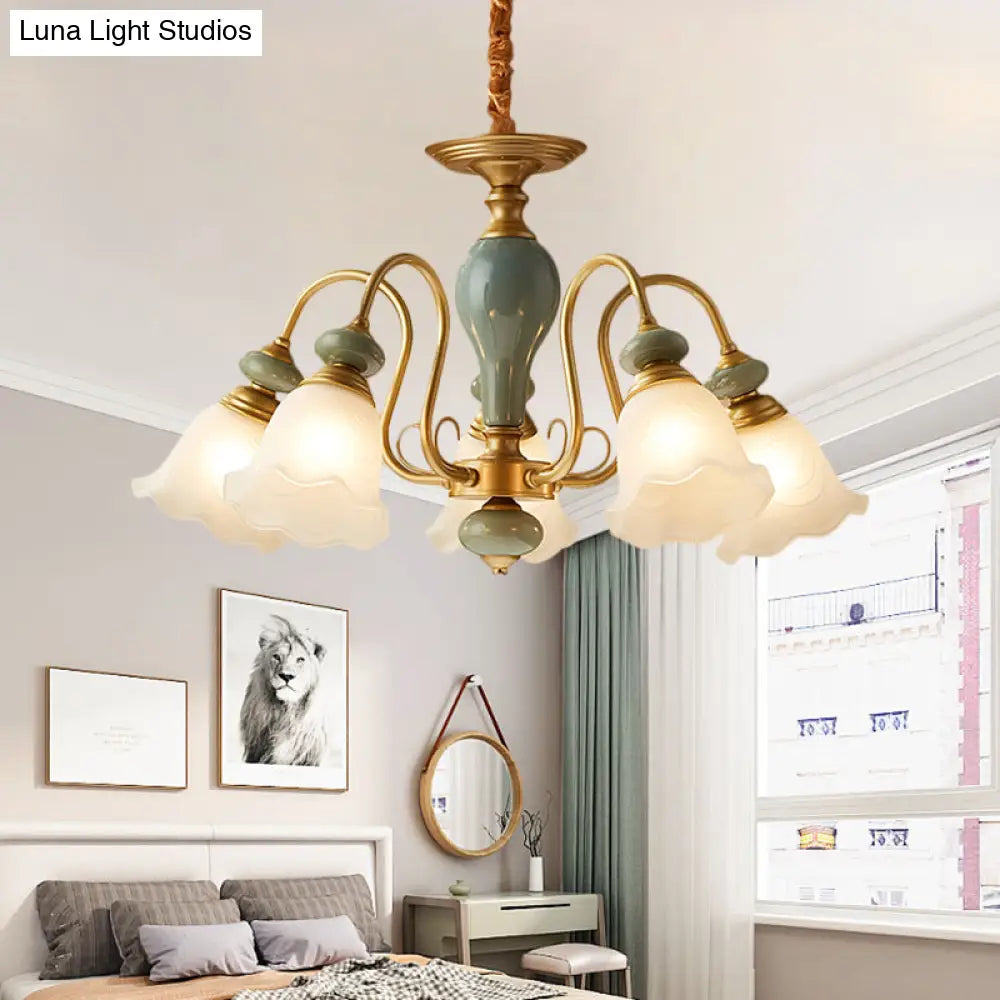 Rural Frosted Glass Green Flower Pendant Light With 3/5/6 Bulbs - Chandelier For Guest Rooms