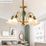 Rural Frosted Glass Green Flower Pendant Light With 3/5/6 Bulbs - Chandelier For Guest Rooms