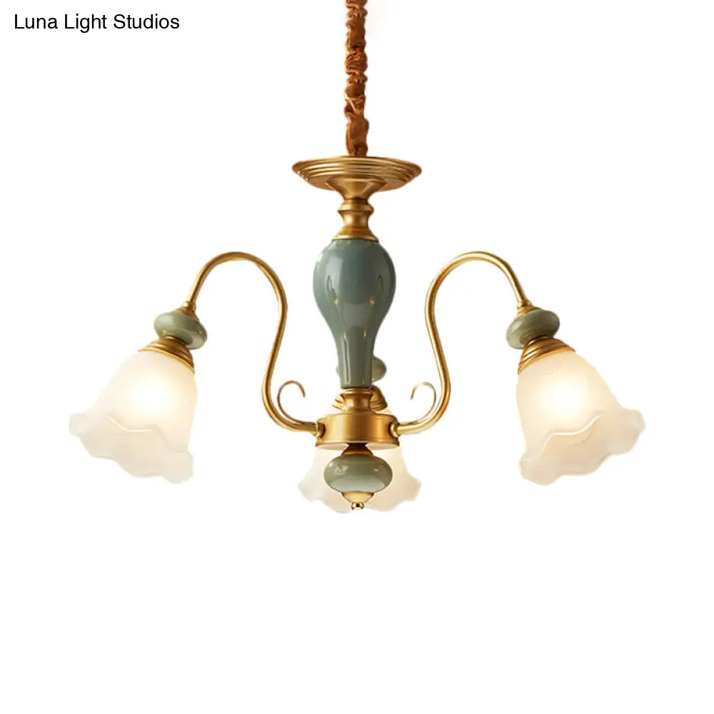 Rural Frosted Glass Green Flower Pendant Light With 3/5/6 Bulbs - Chandelier For Guest Rooms