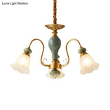 Rural Frosted Glass Green Flower Pendant Light With 3/5/6 Bulbs - Chandelier For Guest Rooms