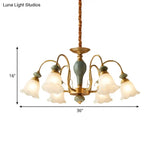 Rural Frosted Glass Green Flower Pendant Light With 3/5/6 Bulbs - Chandelier For Guest Rooms