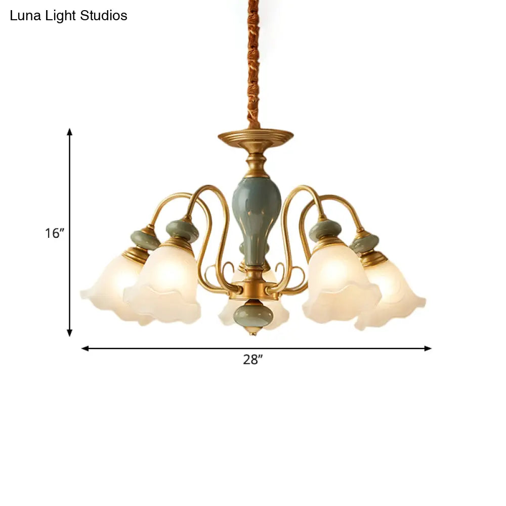 Rural Frosted Glass Green Flower Pendant Light With 3/5/6 Bulbs - Chandelier For Guest Rooms
