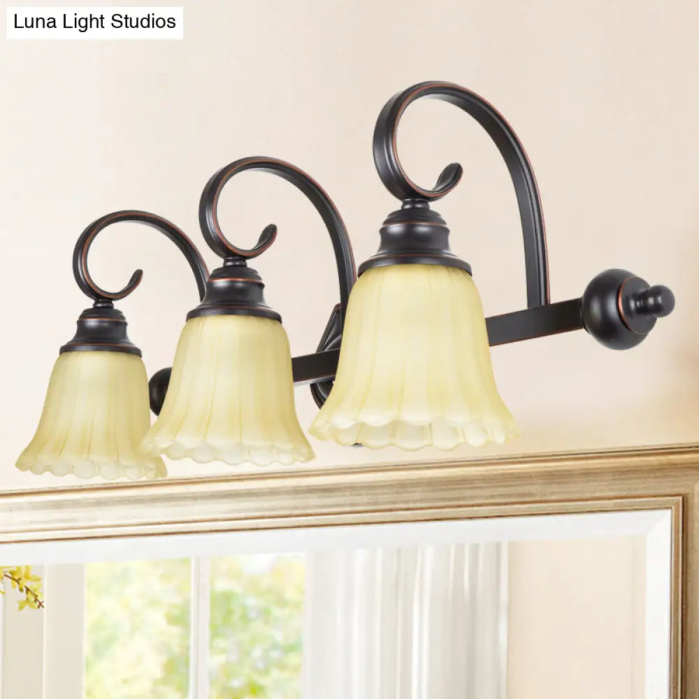 Rural Frosted Glass Vanity Lighting With Swirl Arm - Black Flared Wall Sconce (2/3 Heads)