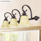 Rural Frosted Glass Vanity Lighting With Swirl Arm - Black Flared Wall Sconce (2/3 Heads)