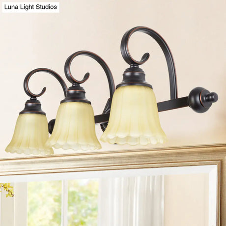 Rural Frosted Glass Vanity Lighting With Swirl Arm - Black Flared Wall Sconce (2/3 Heads)