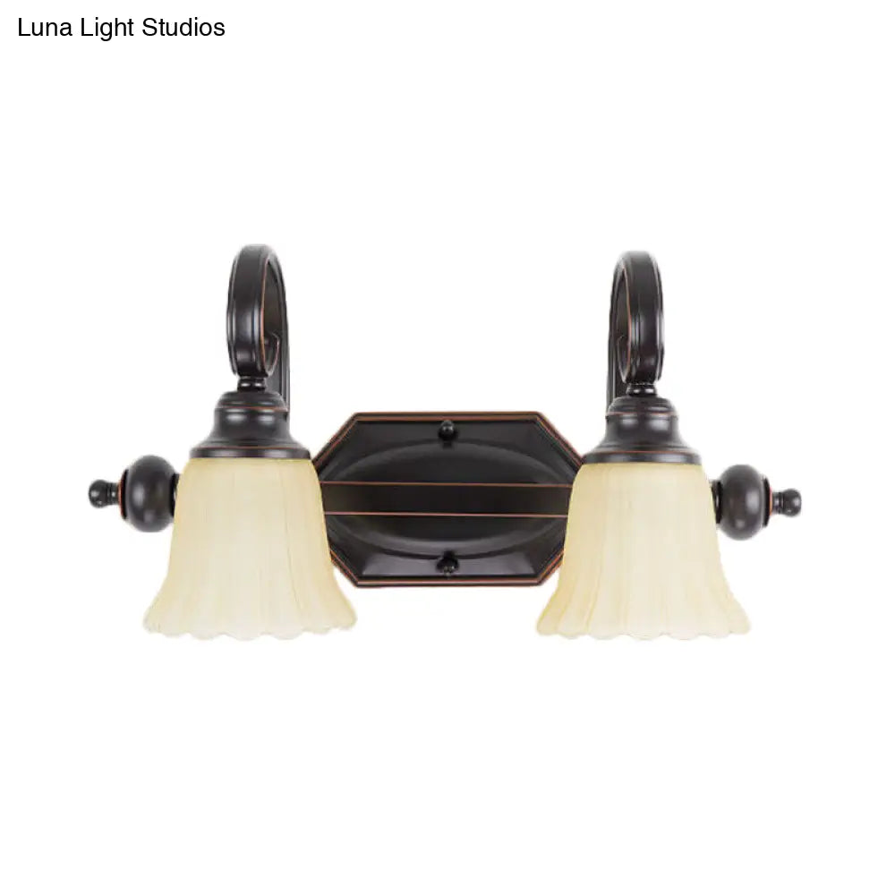 Rural Frosted Glass Vanity Lighting With Swirl Arm - Black Flared Wall Sconce (2/3 Heads)