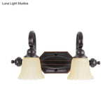 Rural Frosted Glass Vanity Lighting With Swirl Arm - Black Flared Wall Sconce (2/3 Heads)