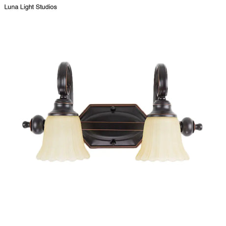 Rural Frosted Glass Vanity Lighting With Swirl Arm - Black Flared Wall Sconce (2/3 Heads)