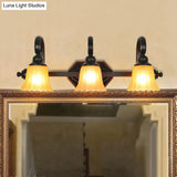 Rural Frosted Glass Vanity Lighting With Swirl Arm - Black Flared Wall Sconce (2/3 Heads)