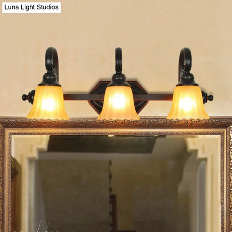 Rural Frosted Glass Vanity Lighting With Swirl Arm - Black Flared Wall Sconce (2/3 Heads)