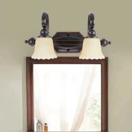 Rural Frosted Glass Vanity Lighting With Swirl Arm - Black Flared Wall Sconce (2/3 Heads) 2 /