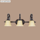 Rural Frosted Glass Vanity Lighting With Swirl Arm - Black Flared Wall Sconce (2/3 Heads)