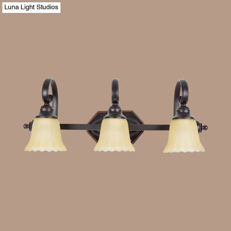 Rural Frosted Glass Vanity Lighting With Swirl Arm - Black Flared Wall Sconce (2/3 Heads)