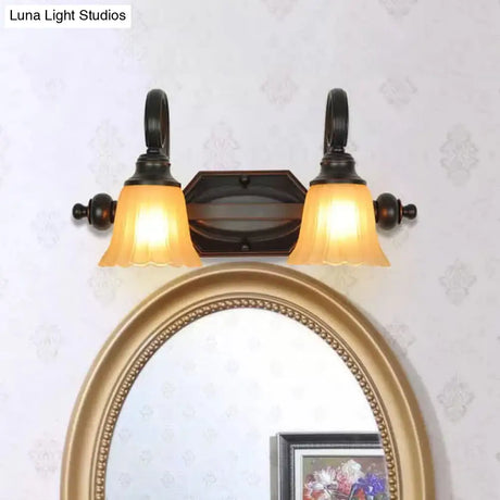 Rural Frosted Glass Vanity Lighting With Swirl Arm - Black Flared Wall Sconce (2/3 Heads)