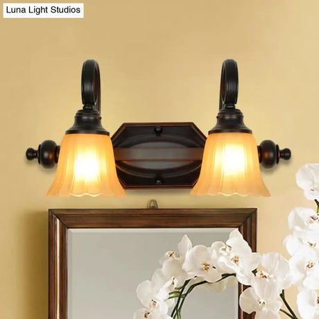 Rural Frosted Glass Vanity Lighting With Swirl Arm - Black Flared Wall Sconce (2/3 Heads)