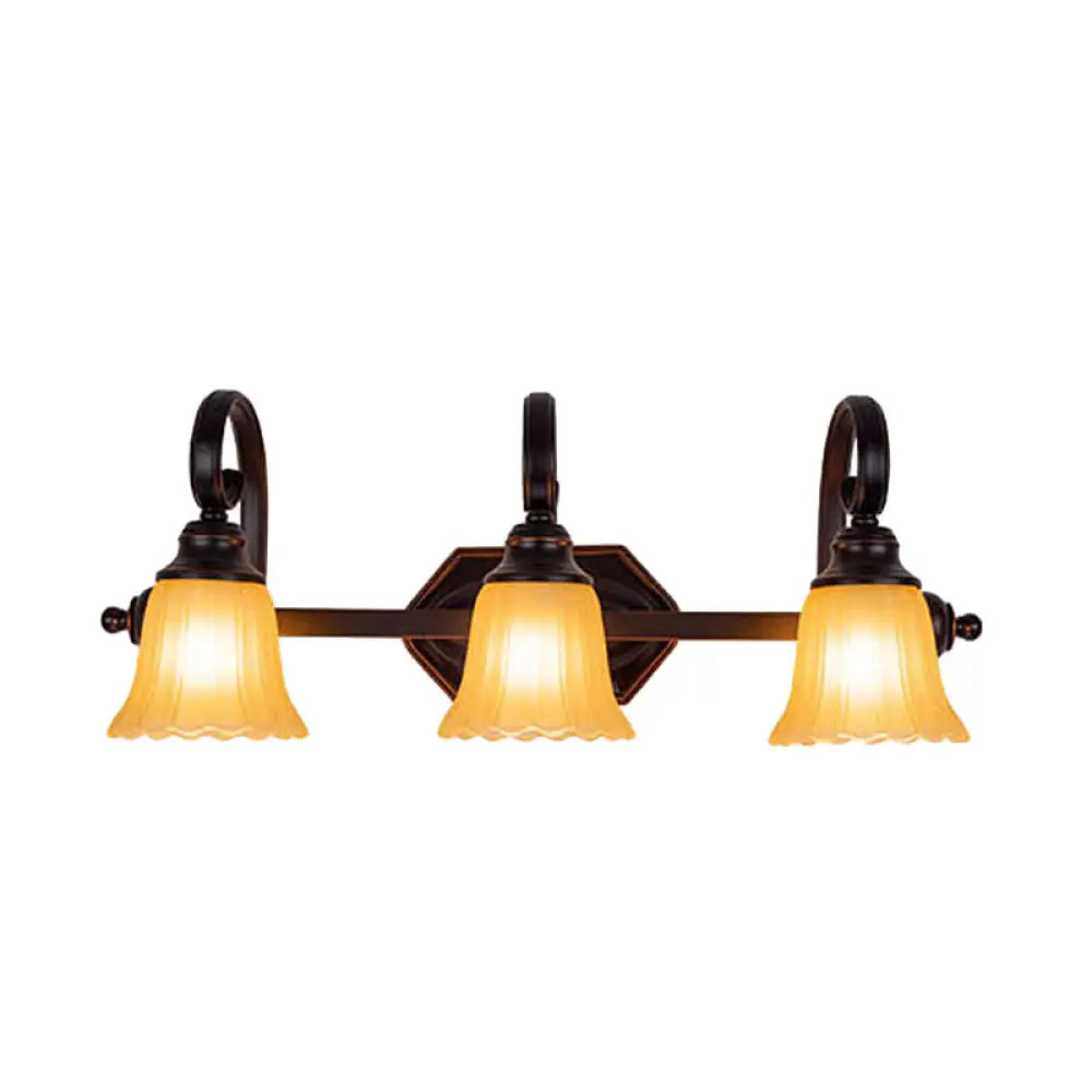 Rural Frosted Glass Vanity Lighting With Swirl Arm - Black Flared Wall Sconce (2/3 Heads) 3 /