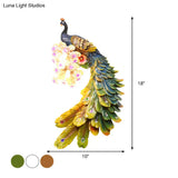 Rural Resin Peacock Wall Mounted Lamp: 2-Light White/Green/Gold Lighting With Floral Crystal Ball