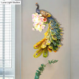 Rural Resin Peacock Wall Mounted Lamp: 2-Light White/Green/Gold Lighting With Floral Crystal Ball