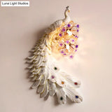Rural Resin Peacock Wall Mounted Lamp: 2-Light White/Green/Gold Lighting With Floral Crystal Ball