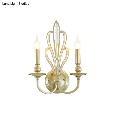 Rural Style Brass Candle Wall Mount Light Fixture With Crystal Flower Accent - Corridor Sconce