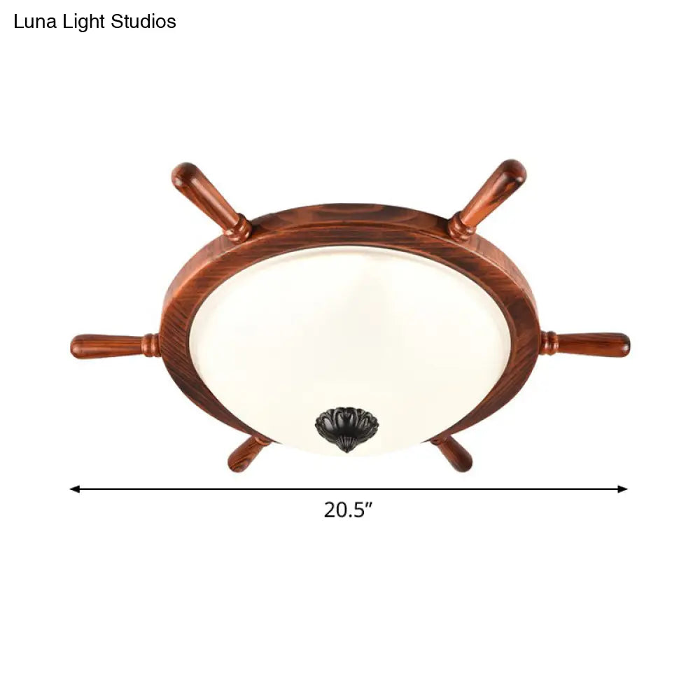 Rural Style Wood Frame 2 - Light Flush Mount With Opal Glass Bowl Shade