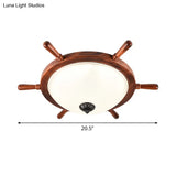 Rural Style Wood Frame 2 - Light Flush Mount With Opal Glass Bowl Shade