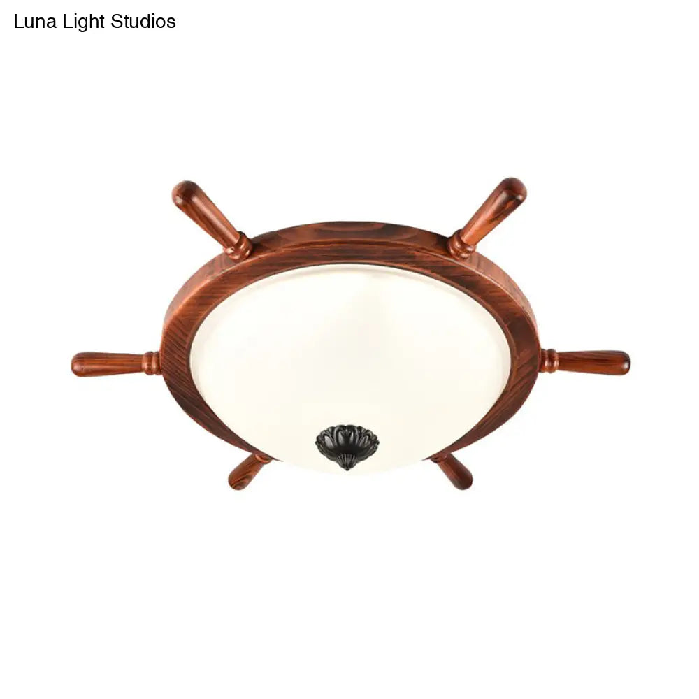 Rural Style Wood Frame 2 - Light Flush Mount With Opal Glass Bowl Shade