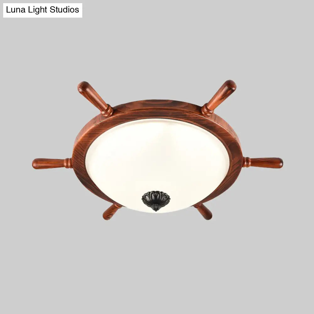 Rural Style Wood Frame 2 - Light Flush Mount With Opal Glass Bowl Shade