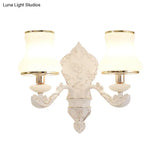 Rural White Glass Gourd Wall Lamp With Beige 1/2-Head And Resin Backplate For Bedroom Lighting