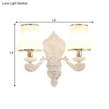 Rural White Glass Gourd Wall Lamp With Beige 1/2-Head And Resin Backplate For Bedroom Lighting