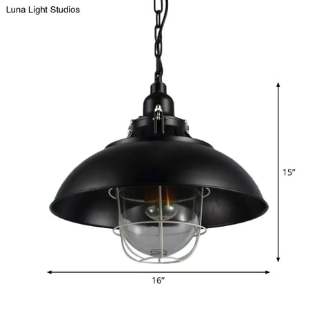 Rustic 1-Light Bistro Hanging Lamp - 12’/16’ Metal Pendant Lighting With Wire Cage And Clear