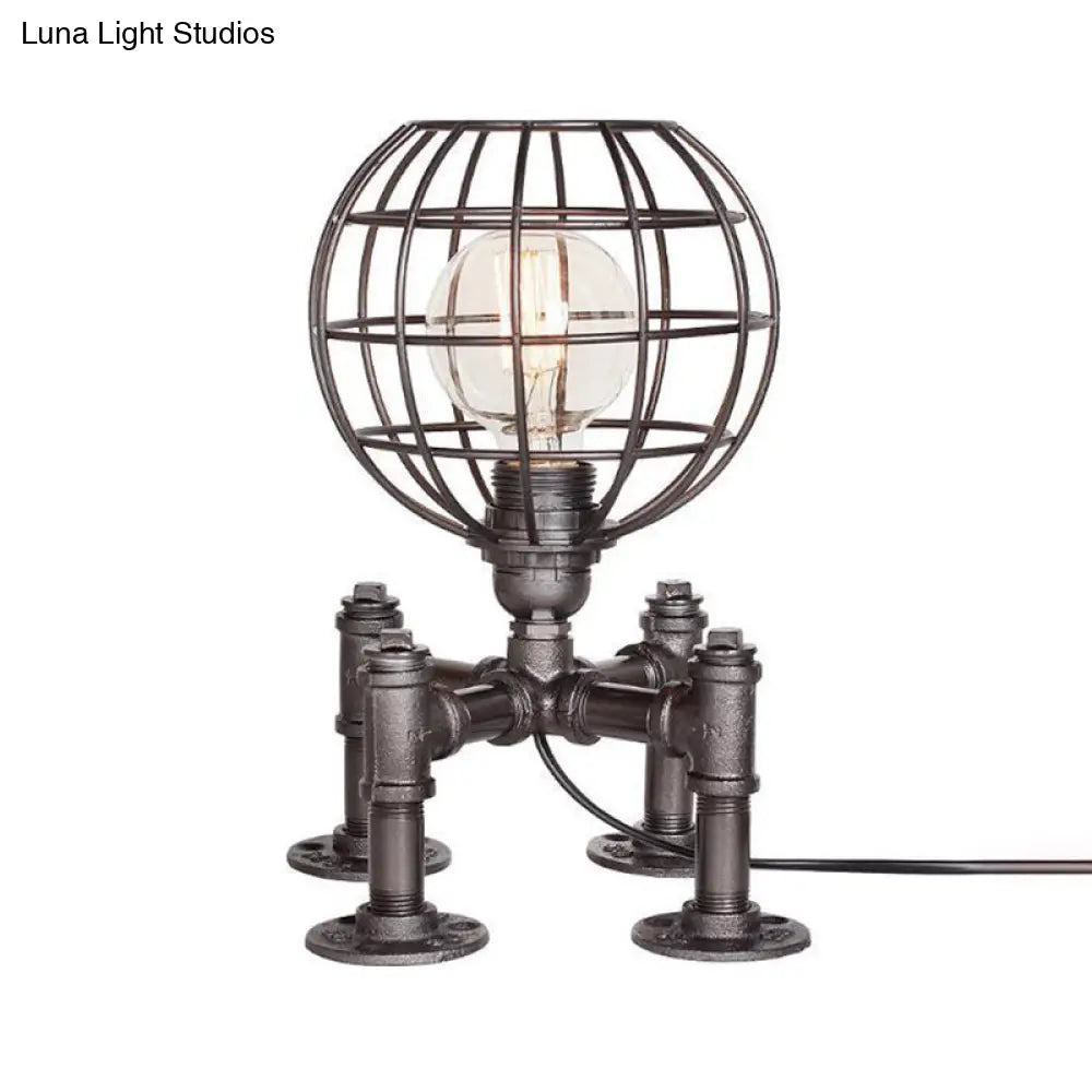 Rustic 1-Light Cage Table Lamp With Aged Silver/Bronze Finish - Farmhouse Style