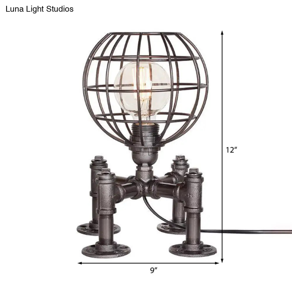Rustic 1-Light Cage Table Lamp With Aged Silver/Bronze Finish - Farmhouse Style