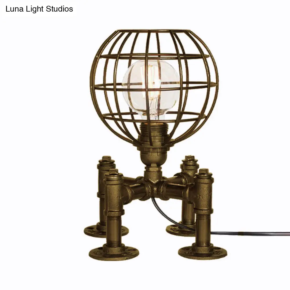 Rustic 1-Light Cage Table Lamp With Aged Silver/Bronze Finish - Farmhouse Style