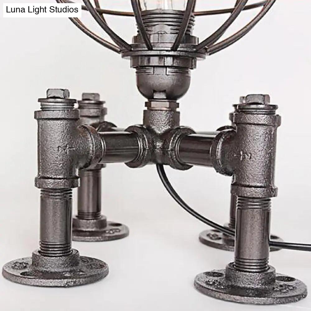 Rustic 1-Light Cage Table Lamp With Aged Silver/Bronze Finish - Farmhouse Style